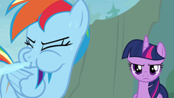 Size: 1280x720 | Tagged: safe, imported from derpibooru, screencap, rainbow dash, twilight sparkle, alicorn, pegasus, rainbow falls, cute, eyes closed, spit take, spitting, twilight sparkle (alicorn), twilight sparkle is not amused, unamused, water