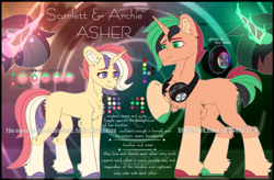 Size: 3800x2500 | Tagged: safe, artist:medkit, imported from derpibooru, oc, oc only, oc:archie asher, oc:scarlett asher, pony, unicorn, big eyes, brother, brother and sister, duo, eyes open, female, headphones, high res, horseshoes, long tail, looking at each other, looking at someone, magic, magic aura, male, mare, missing cutie mark, multicolored hair, paint tool sai 2, raised hoof, reference sheet, short mane, short tail, siblings, sister, smiling, stallion, standing, tail, watermark