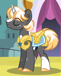 Size: 2278x2858 | Tagged: safe, artist:emberslament, imported from derpibooru, oc, oc only, oc:gilded gleam, pony, unicorn, horn, male, royal guard, solo, stallion, unicorn oc