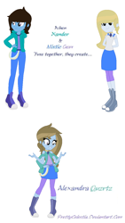 Size: 700x1244 | Tagged: safe, artist:prettycelestia, imported from derpibooru, oc, oc only, oc:alexandra quzrtz, oc:mistic gem, oc:xander, equestria girls, belt buckle, boots, clothes, fusion, heterochromia, high heel boots, jacket, multiple arms, pants, ponytail, shoes, simple background, white background