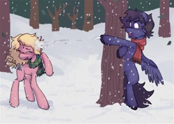 Size: 800x571 | Tagged: artist needed, safe, imported from derpibooru, oc, oc only, oc:fenris ebonyglow, oc:kara waypoint, earth pony, pegasus, pony, clothes, earth pony oc, forest, pegasus oc, scarf, snow, snowball, snowball fight, striped scarf