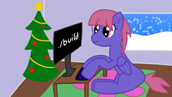 Size: 2560x1440 | Tagged: safe, artist:trixiecutiepox, imported from derpibooru, oc, oc only, oc:fluffy shadow, pegasus, pony, christmas, christmas tree, computer, desk, digital art, female, folded wings, holiday, indoors, keyboard, mare, monitor, pegasus oc, pink eyes, pink hair, purple fur, rug, sitting, smiling, snow, snowfall, snowflake, solo, tree, typing, window, wings