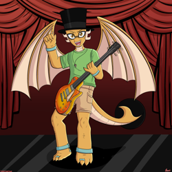 Size: 468x468 | Tagged: safe, artist:darkest-lunar-flower, imported from derpibooru, oc, oc only, oc:myoozik the dragon, dragon, anklet, bracelet, brown eyes, clothes, commission, curtains, dragon oc, glasses, green shirt, guitar, hat, jewelry, male, musical instrument, necklace, non-pony oc, pants, playing guitar, playing instrument, shorts, signature, solo, spread wings, standing, tail, toe ring, top hat, watermark, wings