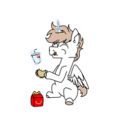 Size: 900x900 | Tagged: safe, artist:fuckomcfuck, imported from derpibooru, oc, oc:rat, alicorn, pony, alicorn oc, burger, drink, eating, food, happy meal, horn, mcdonald's, simple background, solo, transparent background, wings
