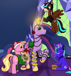 Size: 2091x2221 | Tagged: safe, artist:passionpanther, imported from derpibooru, luster dawn, twilight sparkle, oc, oc:heartbeat, oc:melody, alicorn, pegasus, unicorn, the last problem, christmas, christmas lights, christmas ornament, christmas outfit, decoration, funny, glowing, glowing horn, hat, hearth's warming, height difference, holiday, horn, humor, magic, magic aura, older, older twilight, physique difference, princess twilight 2.0, santa hat, slim, tall, telekinesis, twilight sparkle (alicorn), twilight's castle