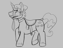 Size: 668x511 | Tagged: safe, artist:dsstoner, imported from derpibooru, fancypants, pony, unicorn, aggie.io, bridle, collar, male, monochrome, saddle, simple background, stallion, tack, tail, tail wrap