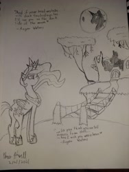 Size: 3468x4624 | Tagged: safe, artist:newguy, imported from derpibooru, princess celestia, alicorn, pony, bridge, butt, castle of the royal pony sisters, everfree forest, female, lyrics, mare, mare in the moon, moon, pink floyd, plot, rope bridge, sketch, text, traditional art