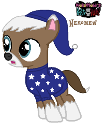 Size: 337x410 | Tagged: safe, artist:pagiepoppie12345, imported from derpibooru, earth pony, pony, clothes, colt, foal, hat, logo, male, nekomew, nekomew's potty trouble, nightcap, pajamas, ponified, rule 85, simple background, stars, text, transparent background