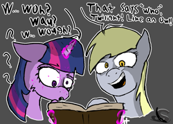 Size: 1169x835 | Tagged: safe, artist:steelstroke, imported from derpibooru, derpy hooves, twilight sparkle, alicorn, pegasus, pony, brainwashed, derp, dumb, duo, hypnosis, illiteracy, intelligence loss, reading, twilight sparkle (alicorn)