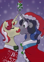 Size: 970x1350 | Tagged: safe, artist:dsstoner, idw, imported from derpibooru, flam, king sombra, pony, unicorn, reflections, spoiler:comic, alternate universe, crack shipping, duo, flambra, gay, good king sombra, kissing, male, mirror universe, mistletoe, shipping