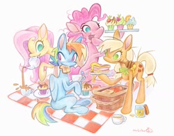 Size: 1519x1186 | Tagged: safe, artist:_night_milk_, imported from derpibooru, applejack, fluttershy, pinkie pie, rainbow dash, earth pony, pegasus, pony, apple, basket, cup, cupcake, female, food, honey, mare, mouth hold, picnic, picnic basket, picnic blanket, sandwich, signature, simple background, teacup, teapot, traditional art, white background