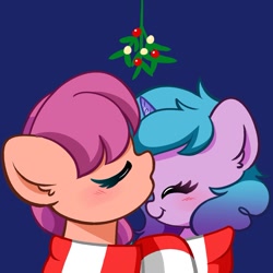 Size: 1285x1285 | Tagged: safe, artist:kittyrosie, imported from derpibooru, izzy moonbow, sunny starscout, earth pony, pony, unicorn, blue background, clothes, commissioner:raritybro, duo, eyes closed, female, g5, izzyscout, lesbian, mistleholly, scarf, shared clothing, shared scarf, shipping, simple background, striped scarf