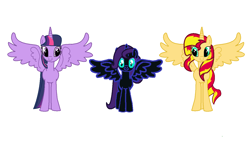 Size: 1280x720 | Tagged: safe, artist:alari1234-bases, artist:taionafan369, imported from derpibooru, sunset shimmer, twilight sparkle, oc, oc:nyx, alicorn, pony, series:the chronicles of nyx, series:the next generation, series:the nyxian alliance, alicorn oc, alicornified, base artist:alari1234-bases, base artist:taionafan369, base used, base:alari1234-bases, base:taionafan369, female, horn, race swap, recolor, shimmercorn, simple background, slit pupils, trio, trio female, turquose iris, turquose sclera, twilight sparkle (alicorn), white background, wings