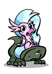 Size: 942x1346 | Tagged: safe, artist:derp pone, derpibooru exclusive, imported from derpibooru, silverstream, hippogriff, komodo dragon, lizard, chibi, cute, diastreamies, duo, female, happy, looking at you, open mouth, open smile, pet, riding, simple background, sitting, smiling, white background