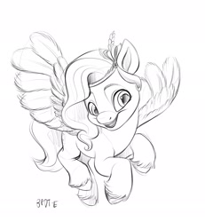 Size: 2000x2164 | Tagged: safe, artist:brdte, imported from derpibooru, pipp petals, pegasus, pony, adorapipp, cute, female, flying, g5, grayscale, mare, monochrome, open mouth, open smile, signature, simple background, smiling, solo, spread wings, white background, wings