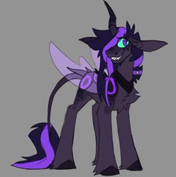 Size: 770x775 | Tagged: safe, artist:rockin_candies, imported from derpibooru, oc, oc only, oc:nightshade (rockin_candies), changeling, hybrid, pony, chest fluff, fangs, female, glowing, glowing eyes, gray background, horn, leonine tail, magical lesbian spawn, offspring, parent:queen chrysalis, parent:twilight sparkle, simple background, smiling, solo, tail, wings