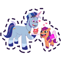 Size: 512x512 | Tagged: safe, imported from derpibooru, sunny starscout, earth pony, pony, argyle starshine, bean mouth, coat markings, cupcake, cute, duo, fake horn, fake wings, father and child, father and daughter, female, filly, filly sunny starscout, foal, food, g5, gameloft, glasses, heart, jewelry, male, my little pony: mane merge, official, open mouth, open smile, pendant, simple background, smiling, socks (coat markings), stallion, sticker, transparent background, unicorn cupcake, unshorn fetlocks, younger