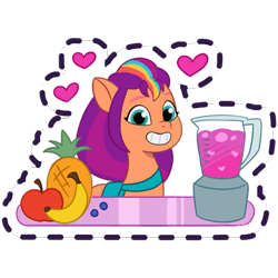 Size: 512x512 | Tagged: safe, imported from derpibooru, sunny starscout, earth pony, pony, spoiler:g5, spoiler:my little pony: tell your tale, spoiler:tyts01e47, apple, bag, banana, blender (object), blueberry, female, food, fruit, g5, gameloft, grin, heart, herbivore, mane stripe sunny, mare, my little pony: mane merge, my little pony: tell your tale, official, pineapple, saddle bag, simple background, smiling, solo, sticker, sunny's smoothie moves, transparent background