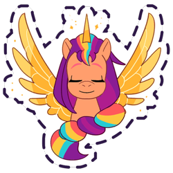 Size: 512x512 | Tagged: safe, imported from derpibooru, sunny starscout, alicorn, earth pony, pony, artificial horn, artificial wings, augmented, eyes closed, female, g5, gameloft, horn, magic, magic horn, magic wings, mare, my little pony: mane merge, official, race swap, simple background, smiling, solo, sparkles, sticker, sunnycorn, transparent background, wings