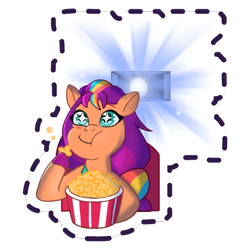 Size: 512x512 | Tagged: safe, imported from derpibooru, sunny starscout, earth pony, pony, blushing, cinema, eating, female, food, g5, gameloft, herbivore, light, mare, my little pony: mane merge, official, popcorn, simple background, solo, sparkly eyes, starry eyes, sticker, transparent background, wingding eyes