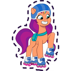 Size: 512x512 | Tagged: safe, imported from derpibooru, sunny starscout, earth pony, pony, bag, female, g5, gameloft, grin, helmet, mare, my little pony: mane merge, official, raised hoof, roller skates, saddle bag, simple background, skates, smiling, solo, sticker, transparent background