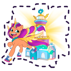 Size: 512x512 | Tagged: safe, imported from derpibooru, sunny starscout, alicorn, earth pony, pony, artificial horn, artificial wings, augmented, crystal brighthouse, female, g5, gameloft, glowing, horn, looking at something, looking back, magic, magic horn, magic wings, mare, my little pony: mane merge, official, open mouth, open smile, race swap, roller skates, simple background, skates, slim, smiling, solo, sticker, sunnycorn, transparent background, wings