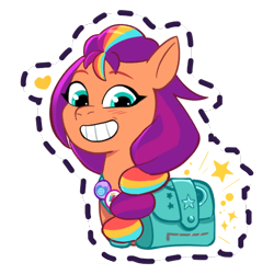 Size: 512x512 | Tagged: safe, imported from derpibooru, sunny starscout, earth pony, pony, bag, blushing, bust, female, g5, gameloft, grin, heart, implied izzy moonbow, implied zipp storm, looking at something, looking down, mare, my little pony: mane merge, official, pin, saddle bag, simple background, smiling, solo, stars, sticker, transparent background