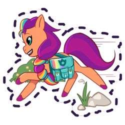 Size: 512x512 | Tagged: safe, imported from derpibooru, sunny starscout, earth pony, pony, bag, bush, female, flower, g5, gameloft, grass, mare, my little pony: mane merge, official, open mouth, open smile, rock, running, saddle bag, simple background, smiling, solo, speed lines, sticker, transparent background, unshorn fetlocks