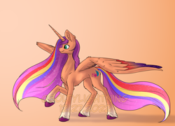 Size: 3662x2633 | Tagged: safe, artist:lightning bolty, imported from derpibooru, sunny starscout, alicorn, pony, alicornified, alternate design, beautiful, chest fluff, coat markings, colored, colored wings, concave belly, cute, ear fluff, ethereal mane, ethereal tail, eyelashes, fluffy, g5, gradient background, gradient hair, gradient hooves, gradient mane, gradient tail, gradient wings, green eyes, high res, hoof fluff, horn, large wings, leg fluff, long hair, long horn, long legs, long mane, long tail, looking forward, mane stripe sunny, multicolored hair, multicolored mane, multicolored tail, multicolored wings, obtrusive watermark, older sunny, princess sunny starscout, race swap, raised hoof, shading, shadow, side view, signature, slim, smiling, socks (coat markings), solo, spread wings, standing, starry mane, starry tail, starry wings, sternocleidomastoid, striped mane, striped tail, sunnybetes, sunnycorn, tail, tall, thin, unshorn fetlocks, wall of tags, watermark, wing fluff, wings