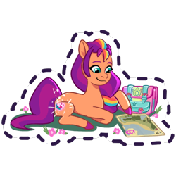 Size: 512x512 | Tagged: safe, imported from derpibooru, sunny starscout, earth pony, pony, bag, female, flower, g5, gameloft, glowing cutie mark, looking at something, looking down, map, mare, my little pony: mane merge, official, saddle bag, simple background, slim, smiling, solo, sparkles, sticker, transparent background, unshorn fetlocks