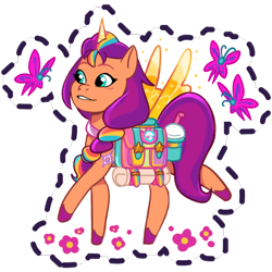 Size: 512x512 | Tagged: safe, imported from derpibooru, sunny starscout, alicorn, butterfly, earth pony, insect, pony, artificial horn, artificial wings, augmented, bag, blushing, female, flower, g5, gameloft, grin, horn, magic, magic horn, magic wings, mare, my little pony: mane merge, official, race swap, saddle bag, simple background, smiling, smoothie, solo, sunnycorn, transparent background, unshorn fetlocks, walking, wings