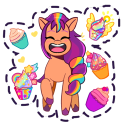 Size: 512x512 | Tagged: safe, imported from derpibooru, sunny starscout, earth pony, pony, berry, blushing, cupcake, decoration, dessert, emanata, eyes closed, female, food, frosting, g5, gameloft, heart, mare, my little pony: mane merge, official, open mouth, open smile, rainbow colors, rainbow cupcake, simple background, smiling, solo, sprinkles, stars, sticker, transparent background, unshorn fetlocks, wings