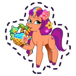 Size: 512x512 | Tagged: safe, imported from derpibooru, sunny starscout, earth pony, pony, blushing, cocktail umbrella, coconut, drinking, drinking straw, female, flower, flower in hair, food, g5, gameloft, looking back, mare, my little pony: mane merge, official, palm tree, pineapple, simple background, slim, solo, sticker, transparent background, tree, unshorn fetlocks