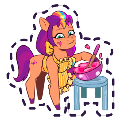 Size: 512x512 | Tagged: safe, imported from derpibooru, sunny starscout, earth pony, pony, apron, batter, blushing, bowl, clothes, female, food, g5, gameloft, looking at something, looking down, mare, mixing bowl, my little pony: mane merge, official, simple background, slim, smiling, solo, sticker, stirring, stool, transparent background, unshorn fetlocks