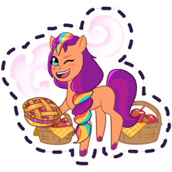 Size: 512x512 | Tagged: safe, imported from derpibooru, sunny starscout, earth pony, pony, apple, basket, blushing, cloud, female, food, g5, gameloft, mare, my little pony: mane merge, official, one eye closed, open mouth, open smile, pie, simple background, slim, smiling, solo, steam, sticker, transparent background, unshorn fetlocks, wink