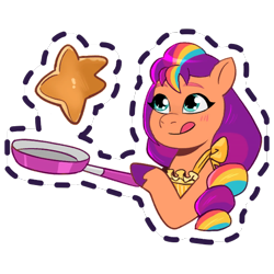 Size: 512x512 | Tagged: safe, imported from derpibooru, sunny starscout, earth pony, pony, :p, apron, blushing, clothes, cooking, female, flipping, food, frying pan, g5, gameloft, looking at something, mare, my little pony: mane merge, official, pancakes, simple background, solo, stars, sticker, tongue out, transparent background