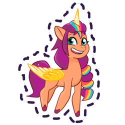 Size: 512x512 | Tagged: safe, imported from derpibooru, sunny starscout, alicorn, earth pony, pony, spoiler:g5, spoiler:my little pony: tell your tale, spoiler:tyts01e14, alicorn issues, artificial horn, artificial wings, augmented, female, g5, gameloft, horn, looking back, magic, magic horn, magic wings, mane stripe sunny, mare, my little pony: mane merge, my little pony: tell your tale, official, open mouth, open smile, race swap, simple background, smiling, solo, sticker, sunnycorn, transparent background, unshorn fetlocks, wings