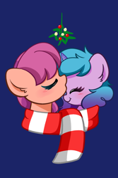 Size: 1380x2072 | Tagged: safe, alternate version, artist:kittyrosie, imported from derpibooru, izzy moonbow, sunny starscout, earth pony, pony, unicorn, blue background, clothes, commissioner:raritybro, duo, eyes closed, female, g5, izzyscout, lesbian, mistleholly, scarf, shared clothing, shared scarf, shipping, simple background, striped scarf