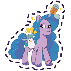 Size: 512x512 | Tagged: safe, imported from derpibooru, izzy moonbow, bird, pony, seagull, unicorn, beans, bracelet, can, duo, duo male and female, emanata, female, flying, food, friendship bracelet, g5, gameloft, izzy impaling things, izzy's beans, jewelry, jumping, kenneth, looking at someone, looking back, male, mare, my little pony: mane merge, official, simple background, slim, smiling, smirk, sparkles, sticker, transparent background, unshorn fetlocks