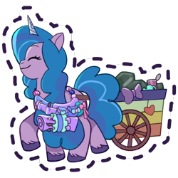 Size: 512x512 | Tagged: safe, imported from derpibooru, izzy moonbow, pony, unicorn, accessory, belt, bow, can, cart, eyes closed, female, g5, gameloft, heart, mare, my little pony: mane merge, official, pitcher, simple background, smiling, solo, sticker, transparent background, unshorn fetlocks, walking