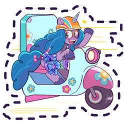 Size: 512x512 | Tagged: safe, imported from derpibooru, izzy moonbow, pony, unicorn, spoiler:g5, spoiler:my little pony: tell your tale, spoiler:tyts01e13, accessory, belt, bow, dumpster diving, female, g5, gameloft, glasses, goggles, heart, looking back, mare, motor scooter, my little pony: mane merge, my little pony: tell your tale, official, open mouth, open smile, simple background, smiling, solo, speed lines, sticker, transparent background, unshorn fetlocks, waving