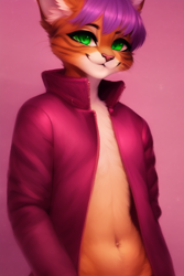 Size: 512x768 | Tagged: safe, imported from derpibooru, capper dapperpaws, abyssinian, anthro, cat, my little pony: the movie, ai content, ai generated, belly button, clothes, cute, generator:stable diffusion, male, realistic, solo