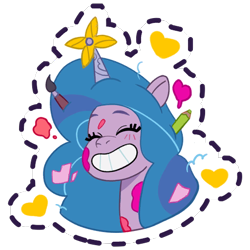 Size: 512x512 | Tagged: safe, imported from derpibooru, izzy moonbow, pony, unicorn, blushing, cute, eyes closed, female, g5, gameloft, grin, happy, heart, izzy impaling things, izzybetes, mare, messy mane, my little pony: mane merge, official, paint, paint splatter, paintbrush, pencil, simple background, smiling, solo, sticker, transparent background