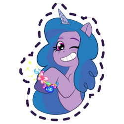 Size: 512x512 | Tagged: safe, imported from derpibooru, izzy moonbow, pony, unicorn, blushing, bracelet, button, crescent moon, female, flower, friendship bracelet, g5, gameloft, grin, heart, heart eyes, jewelry, mare, moon, my little pony: mane merge, official, simple background, slim, smiling, solo, sparkles, sticker, transparent background, unshorn fetlocks, wingding eyes