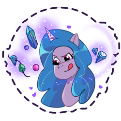 Size: 512x512 | Tagged: safe, imported from derpibooru, izzy moonbow, pony, unicorn, beads, crystal, female, g5, gameloft, glowing, glowing horn, heart, horn, magic, magic glow, mare, my little pony: mane merge, official, simple background, solo, sticker, string, tongue out, transparent background