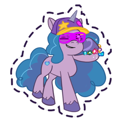 Size: 512x512 | Tagged: safe, imported from derpibooru, izzy moonbow, pony, unicorn, baseball cap, beads, bracelet, cap, female, friendship bracelet, g5, gameloft, grin, hat, heart, hoof heart, izzy the rapper, jewelry, mare, my little pony: mane merge, official, shutter shades, simple background, smiling, solo, sparkles, stars, sticker, sunglasses, transparent background, underhoof, unshorn fetlocks