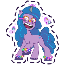 Size: 512x512 | Tagged: safe, imported from derpibooru, izzy moonbow, pony, unicorn, beads, bracelet, crystal, ear piercing, earring, female, friendship bracelet, g5, gameloft, gem, glasses, goggles, heart, jewelry, mare, my little pony: mane merge, open mouth, open smile, piercing, raised hoof, simple background, slim, smiling, solo, sticker, transparent background, unshorn fetlocks