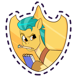 Size: 512x512 | Tagged: safe, imported from derpibooru, hitch trailblazer, earth pony, pony, badge, coat markings, eyebrows, g5, gameloft, hoof hold, looking back, male, mouth hold, my little pony: mane merge, notepad, official, pale belly, pen, raised eyebrow, simple background, socks (coat markings), solo, stallion, sticker, suspicious, transparent background, unshorn fetlocks