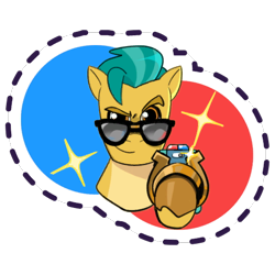 Size: 512x512 | Tagged: safe, imported from derpibooru, hitch trailblazer, earth pony, pony, badge, confident, eyebrows, g5, gameloft, looking at you, male, my little pony: mane merge, official, raised eyebrow, simple background, smiling, solo, sparkles, stallion, sticker, sunglasses, transparent background, unshorn fetlocks