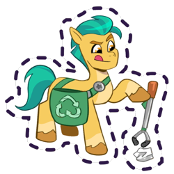 Size: 512x512 | Tagged: safe, imported from derpibooru, hitch trailblazer, earth pony, pony, bag, coat markings, g5, gameloft, litter, male, my little pony: mane merge, official, paper, recycling, saddle bag, simple background, socks (coat markings), solo, stallion, sticker, tongue out, transparent background, unshorn fetlocks